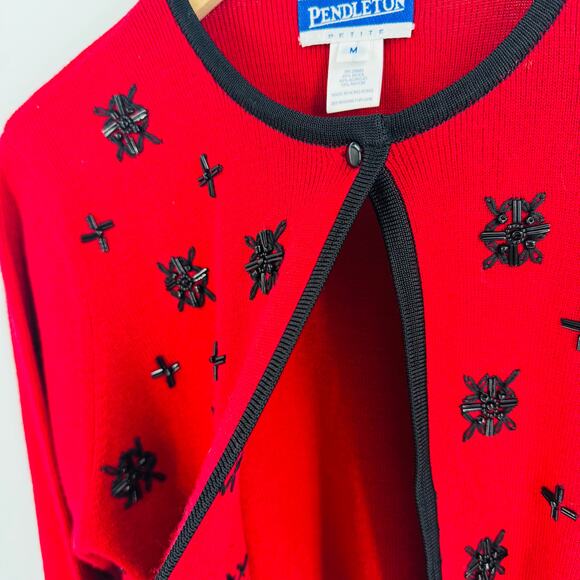Vintage Pendleton Petite Wool Blend Cardigan Beaded Floral Red Black Medium - Picture 5 of 6